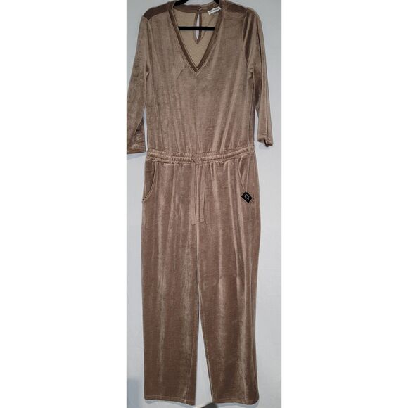 Calvin Klein Womens Jumpsuit Velour Drawstring Waist Pockets V Neck‎ - Picture 1 of 5